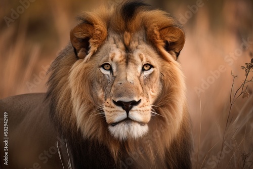 A stunning portrait of a lion, with piercing eyes and a regal mane. (Generative AI)  © ShafiAzim