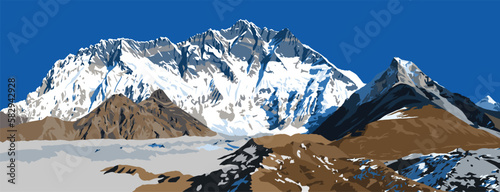 Mount Lhotse south rock face and glacier, vector illustration, Khumbu valley, Everest area, Nepal himalayas mountains