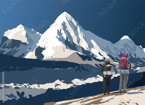 Khumbu glacier, Mount Pumori peak and two hikers on the way to Mt Everest base camp, vector illustration, Khumbu valley, Sagarmatha national park, Nepal Himalayas mountains