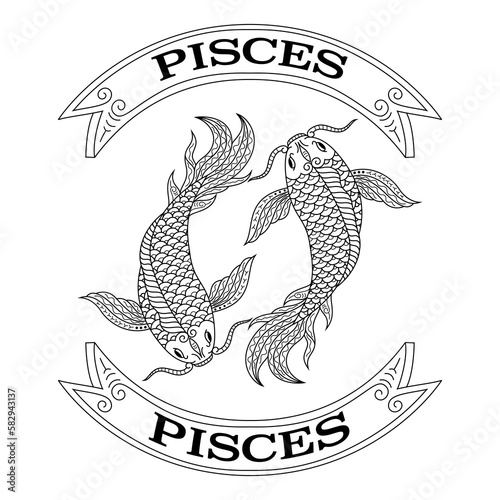 Hand drawn of pisces in zentangle style