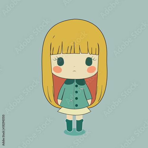 Cute girl in a green coat with a green jacket and a green skirt.