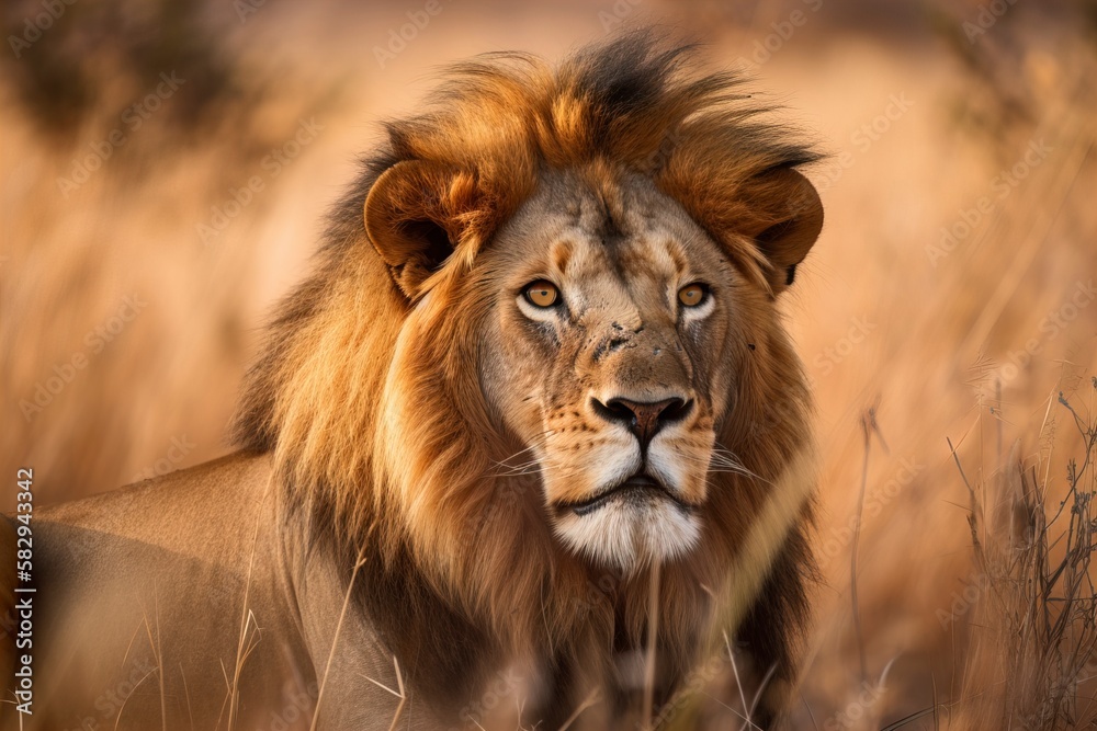 A stunning portrait of a lion, with piercing eyes and a regal mane. (Generative AI)

