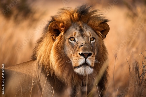 A stunning portrait of a lion, with piercing eyes and a regal mane. (Generative AI) 