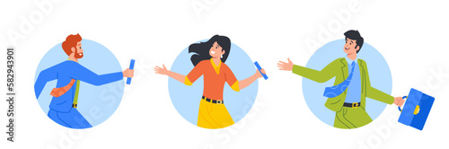 Business Characters Running In Relay Race Passing Baton To One Another Isolated Round Icons or Avatars. Partnership
