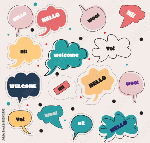 A collection of different colored speech bubbles with the word hello on them.