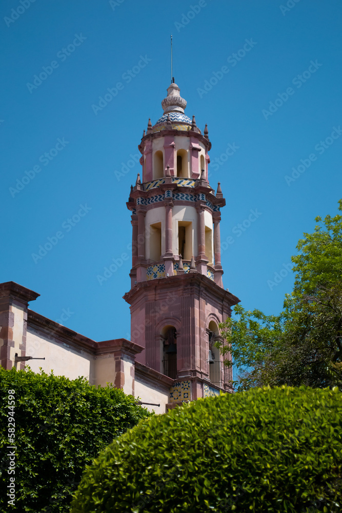 Baroque church tower in Mexico. Baroque church of Querétaro Mexico.