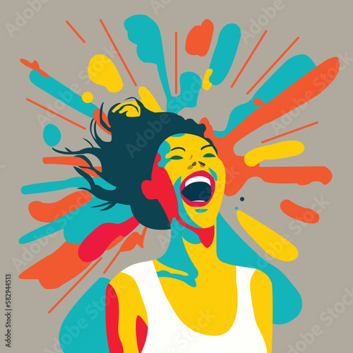 A woman with a white tank top and a yellow and blue shirt is laughing.