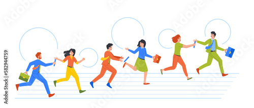 Business Characters Participate In Relay Race Passing Baton From One To Another In A Race For The Finish Line photo