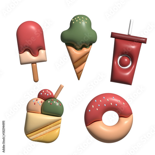 Icons 3D set of fast food on white background, ice cream, donut, cola