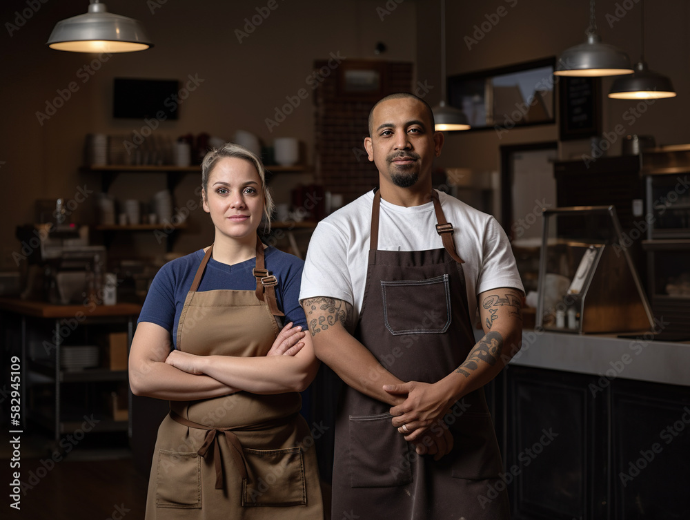 Two cafe owner wraparound aprons standing with crossed arms in a coffee shop. Generative AI Two cafe owner wraparound aprons standing with crossed arms in a coffee shop. Generative AI