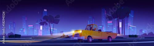 Car on parking in night city. Vector cartoon illustration of yellow cabriolet auto with driver silhouette inside driving highway with headlights on against illuminated modern cityscape background