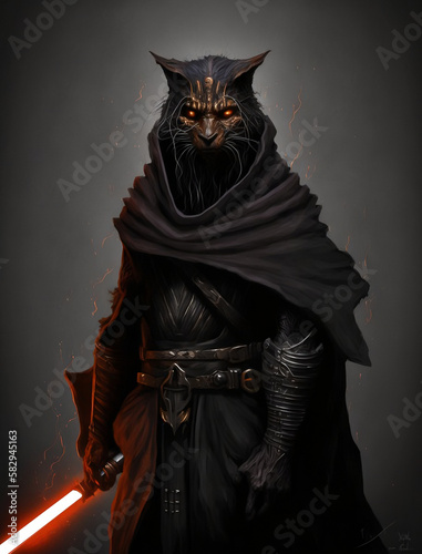 Evil Cat Sith Lord red lightsaber, Created with generative AI