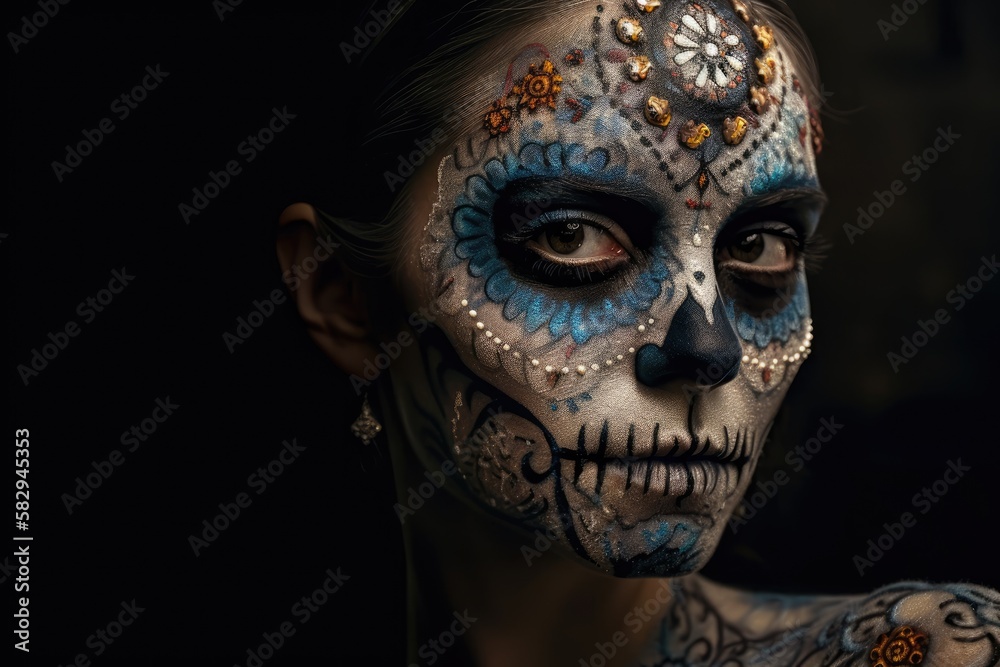 Dia de los muertos, Mexican holiday of the dead and halloween. Woman with sugar skull make up and flowers. generative AI