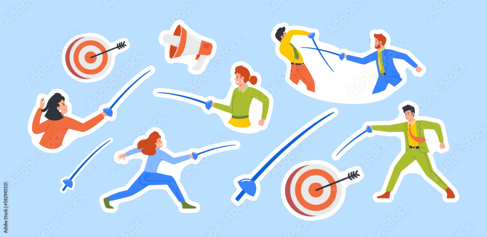 Set of Stickers Business Characters Men Women Fence With Rapiers or Fight on Swords in Encounter. Competitive Strategy