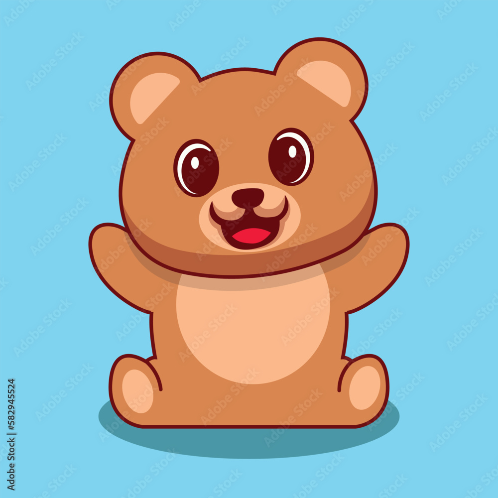 Little cute baby bear doll character sitting on the ground. An animal bear cartoon relaxing gesture. Vector Illustration