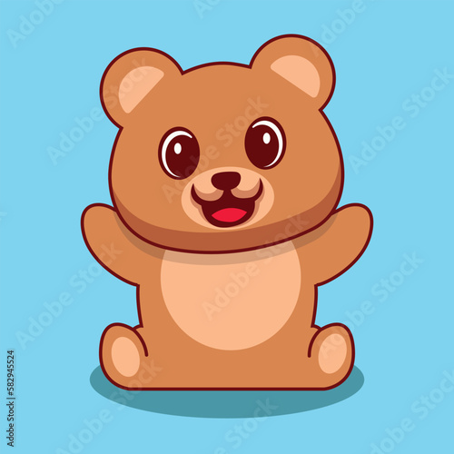 Little cute baby bear doll character sitting on the ground. An animal bear cartoon relaxing gesture. Vector Illustration