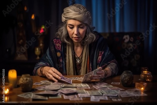 portrait of a female mature psychic with a burning candle reading tarot. Generative AI 