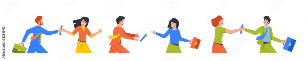 Business Characters Men and Women Participate In Relay Race Passing Baton To Teammates Isolated on White Background Business Characters Men and Women Participate In Relay Race Passing Baton To Teammates Isolated on White Background