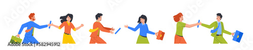 Business Characters Men and Women Participate In Relay Race Passing Baton To Teammates Isolated on White Background