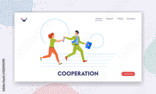 Cooperation Landing Page Template. Business Characters Running Relay Passing On The Baton. Competition, Teamwork
