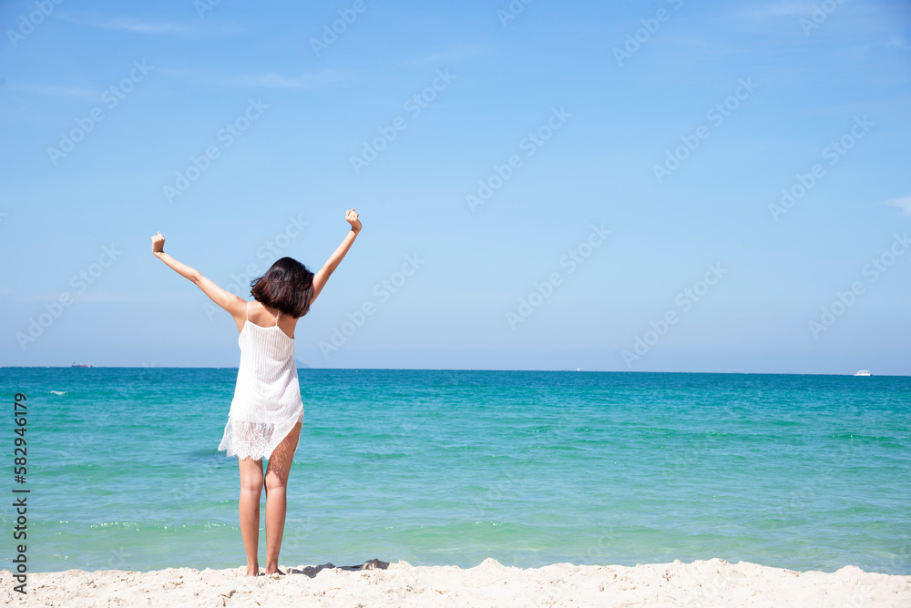 Lifestyle woman and relax chill on beach background. Travel summer vacations, copy space for banner.Summer vacations