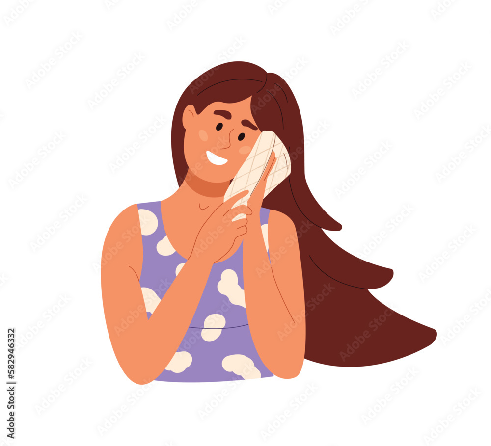 Washing face. Happy woman cleaning skin with towel. Girl wiping facial skin with soft towel, removing makeup. Flat vector illustration isolated on white background Washing face. Happy woman cleaning skin with towel. Girl wiping facial skin with soft towel, removing makeup. Flat vector illustration isolated on white background