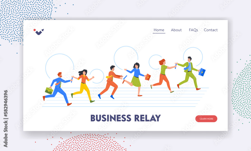 Business Relay Landing Page Template. Characters Participate In Race Passing Baton From One To Another Illustration