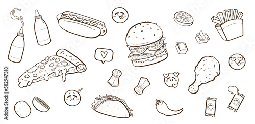 Set de ilustraciones a mano de comida rápida. Vector