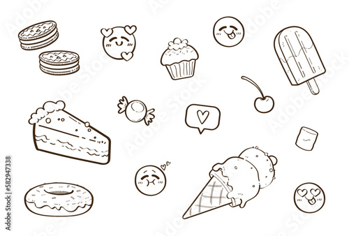 Set de ilustraciones dibujadas a mano de comida rápida, postres. Vector
