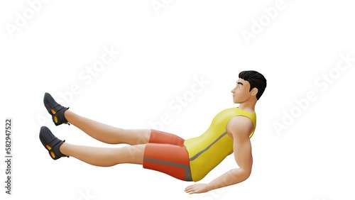 Animated character doing Scissors. Scissor kick core exercise in 3d animation and illustration. Perfect for fitness themed productions, health products, diet plans, weight loss training. 3d Render photo
