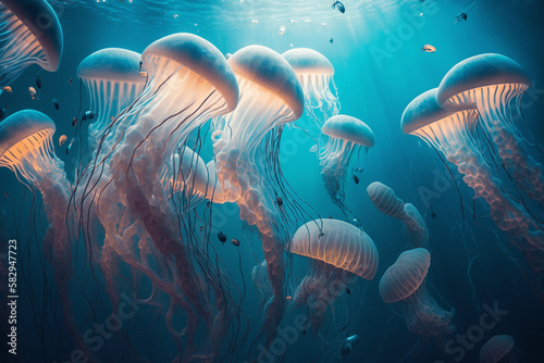 Group of Jellyfish under the ocean generative ai
