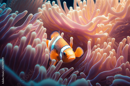 Fototapet clown fish in anemone generative ai