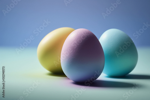 three easter eggs on a blue background generative ai 