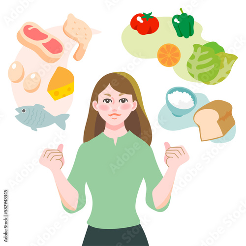 栄養バランスがとれていて健康なガッツポーズの若い女性と彼女が考える健康的な食べ物	