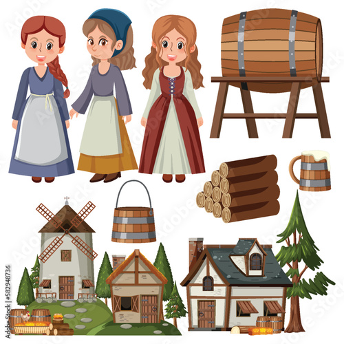 Set of medieval villager cartoon character