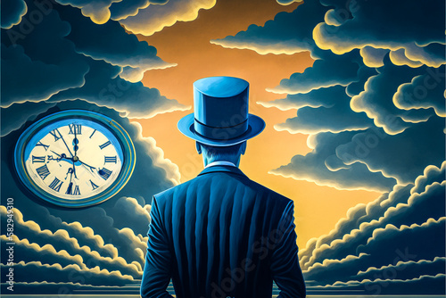 Homme d'affaire vde dos devant un ciel avec des nuages et une horloge, concept du temps qui passe - Générative iA photo