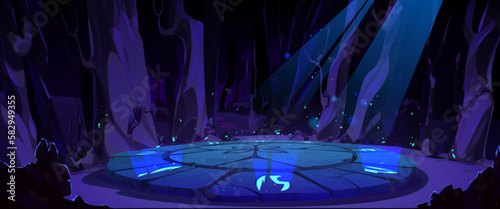 Game background with magic maya altar in jungle. Forest landscape with stone battle arena, trees and moonlight at night. Ancient circle platform with glowing symbols, vector cartoon illustration