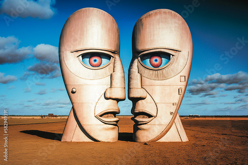 Statues de têtes géante vues de profil dans le désert - Générative iA photo