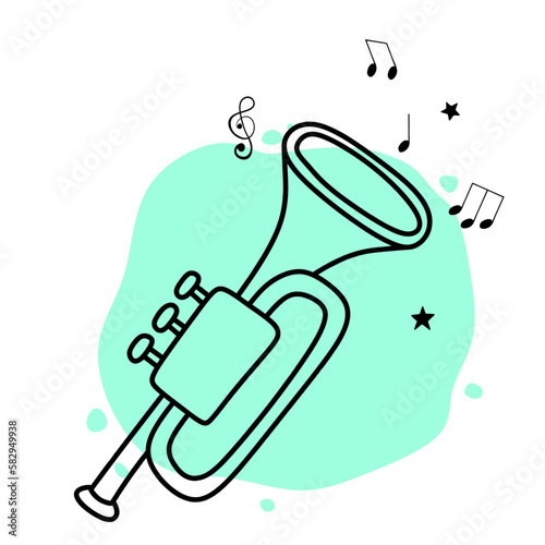 hand drawing of trumpet and musical notes.