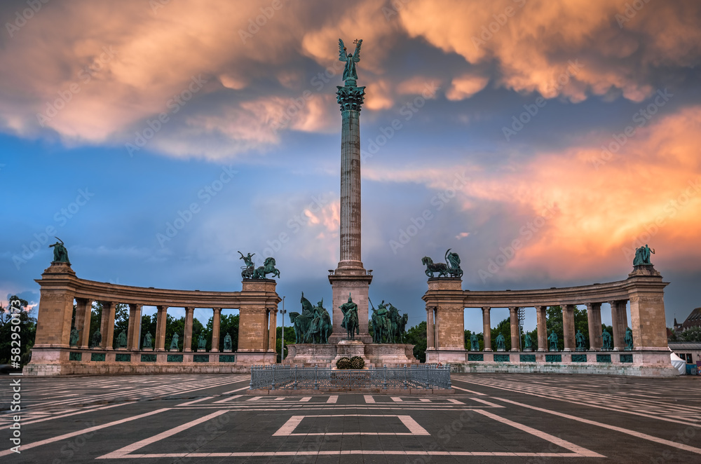 Budapest, Hungary - Unique mammatus clouds over Heroes' Square Millennium Monument at Budapest after a heavy thunderstorm on a summer afternoon sunset