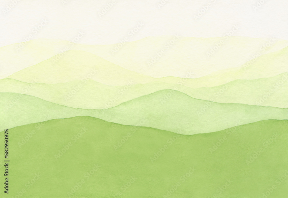 
Light green, spring, watercolor abstract texture background with panoramic view of meadows and hills. Hand drawn with space for text. For design and decoration.