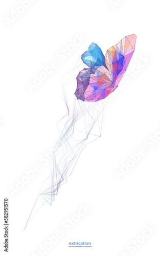 Abstract digital flying butterfly illustration for vertical mobile screen wallpaper. Butterfly take off moment in polygons, lines and colorful shapes. Low Poly Wireframe vivid vector illustration.