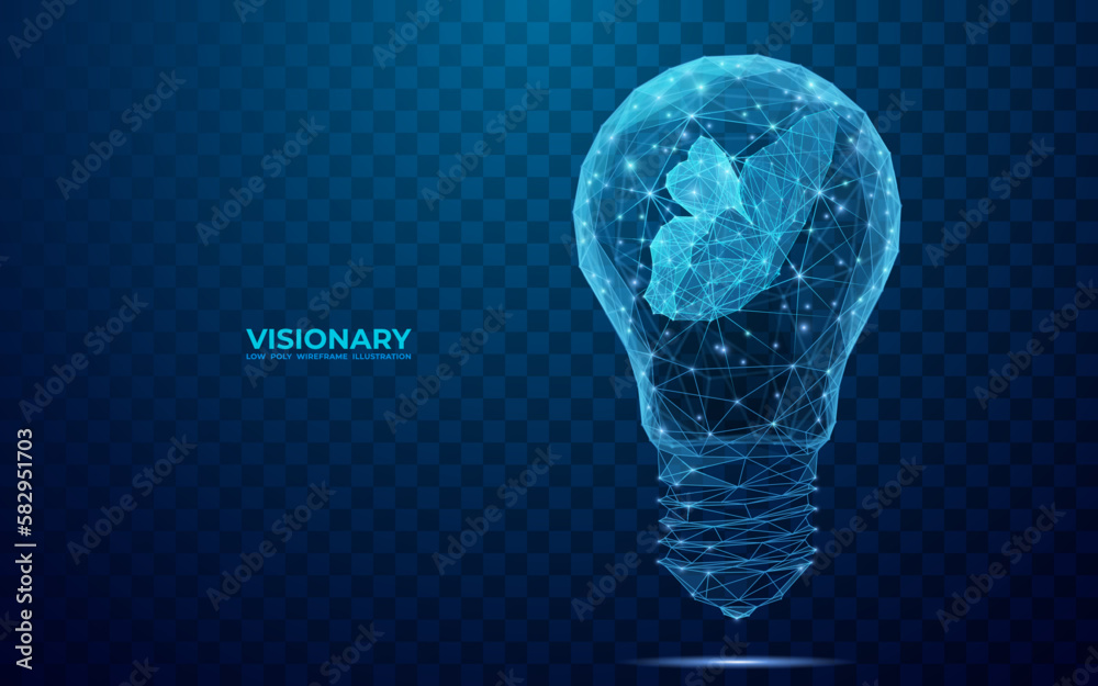 Abstract butterfly fluttering inside a digital light bulb. Visionary ...