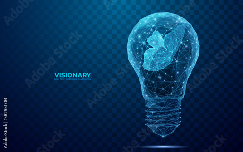  Abstract butterfly fluttering inside a digital light bulb. Visionary concept in blue polygons and lines. Technology start up or new idea background. 3D low poly wireframe vector illustration.