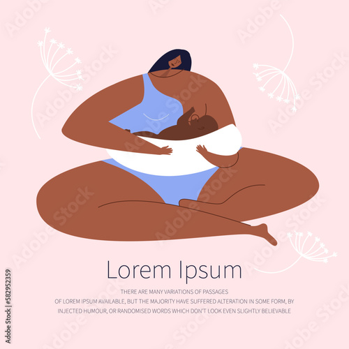 The young African American mother is breastfeeding her newborn baby in nursing pillows.  She has a lot of milk in breasts and good lactation. Child is suckling milk.