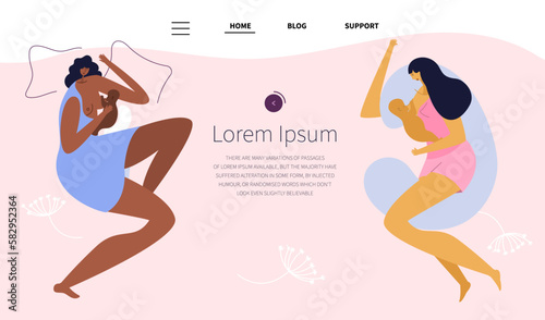 The web landing page with young womens, mothers are breastfeeding newborn babes.  They lie in soft comfortably bed and pillow and nursing pillow.  Child is suckling milk.