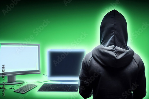 Illustration of an anonymous male hacker in a hoodie, social problems of modern society fraud, computer technology. AI-generated digital art work