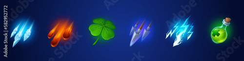 Magic spells and game skills icons. Fantasy light and fire effects, healing potion and luck symbol. Game interface elements with lightning, fireballs, ice crystals and arrows, vector cartoon set