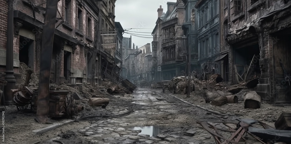 Town ruin after war. Generative AI technology.