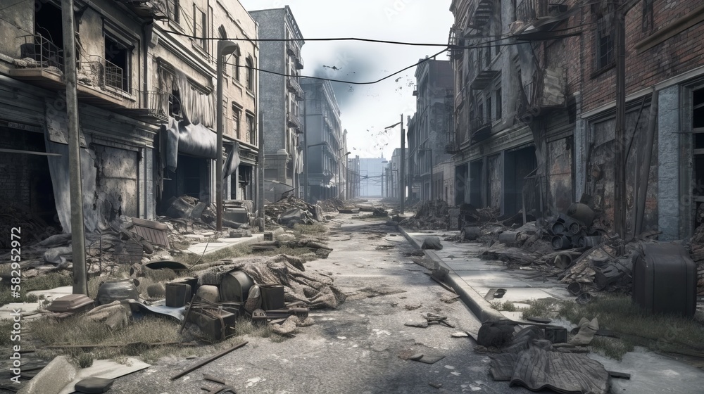 Damaged city ruin after war. Generative AI technology.